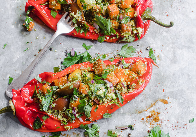 Stuffed Roast Peppers with Butternut Squash made with Romero peppers and seasoned with fresh herbs - Thrive Nutrition and Health Magazine