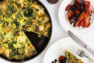 Simple Autumn Vegetable Frittata made with new potatoes, courgettes, broccoli and asparagus